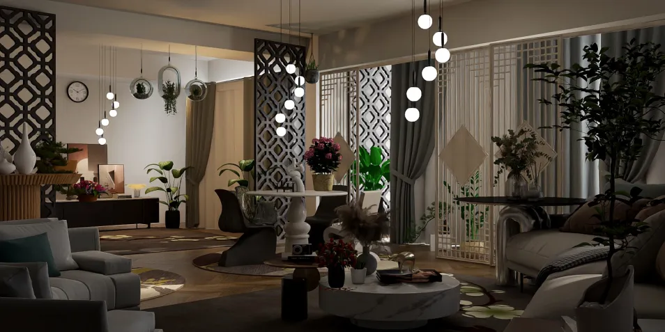 modern living room with stylish furniture arrangement featuring indoor plants, showcasing a blend of contemporary aesthetics and functional space value using Homestyler's real-time 3D rendering capabilities.