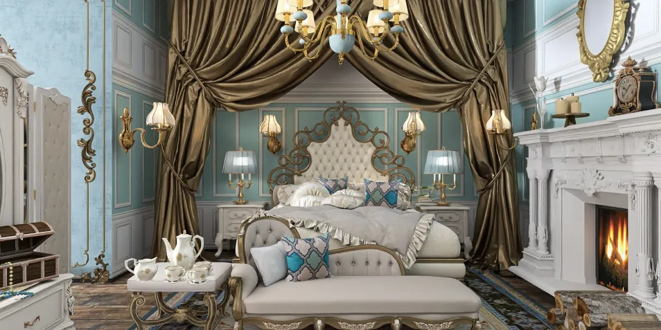 luxurious bedroom with opulent decor showcasing a vintage style and a focus on elegant textiles, featuring Homestyler's real-time 3D rendering for quick design previews