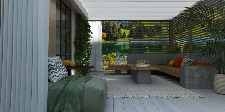 Cozy living room featuring modern furniture arrangement with natural textures, designed with a contemporary style, showcasing a serene outdoor view through large windows, utilizing Homestyler's real-time 3D rendering feature.