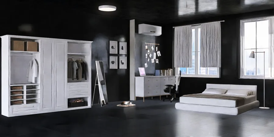 a white room with a white couch and a black wall 