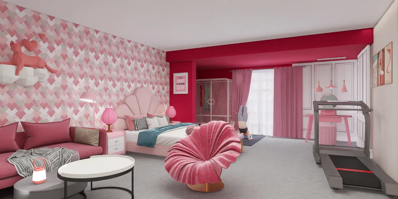 a pink and white striped room with a pink couch and a pink chair 