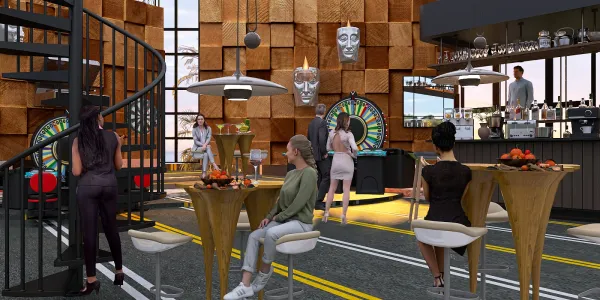 modern bar area with people mingling and playing games, featuring smart furniture arrangement for optimized small space, showcasing Homestyler's real-time 3D rendering capability.