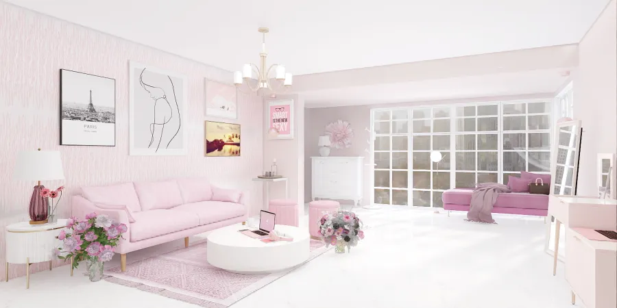 a white bathroom with a pink rug and a white bath tub 