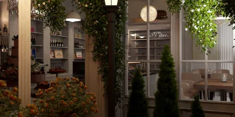 outdoor dining area with lush greenery and cozy lighting enhancing the intimate ambiance in a restaurant design, featuring dining furniture and decorative plants, utilizing Homestyler's realistic 3D rendering capabilities.