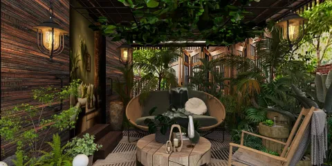 outdoor garden seating arrangement with lush greenery and tropical plants showcasing a cozy ambiance in a modern bohemian style, leveraging Homestyler's real-time 3D rendering feature for quick design previews.