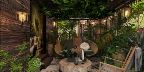 lush greenery interior with cozy seating arrangement displaying a natural aesthetic in a garden space featuring smart furniture arrangement using Homestyler's AR virtual placement feature