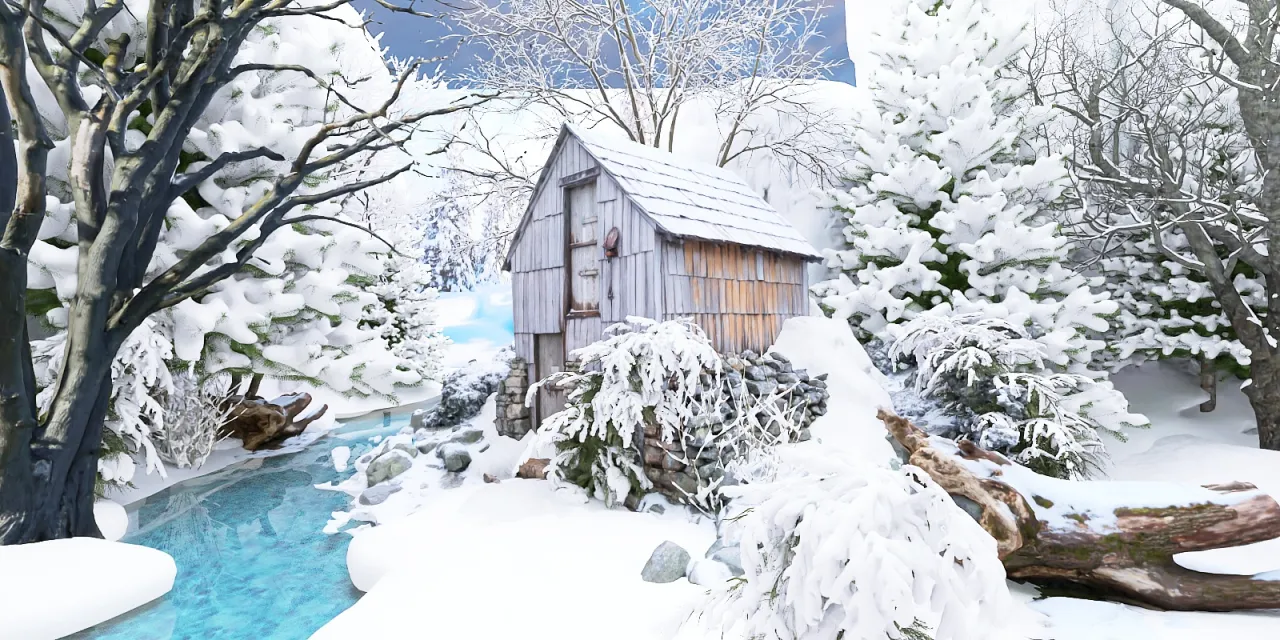 a snow covered park with a tree and a building 