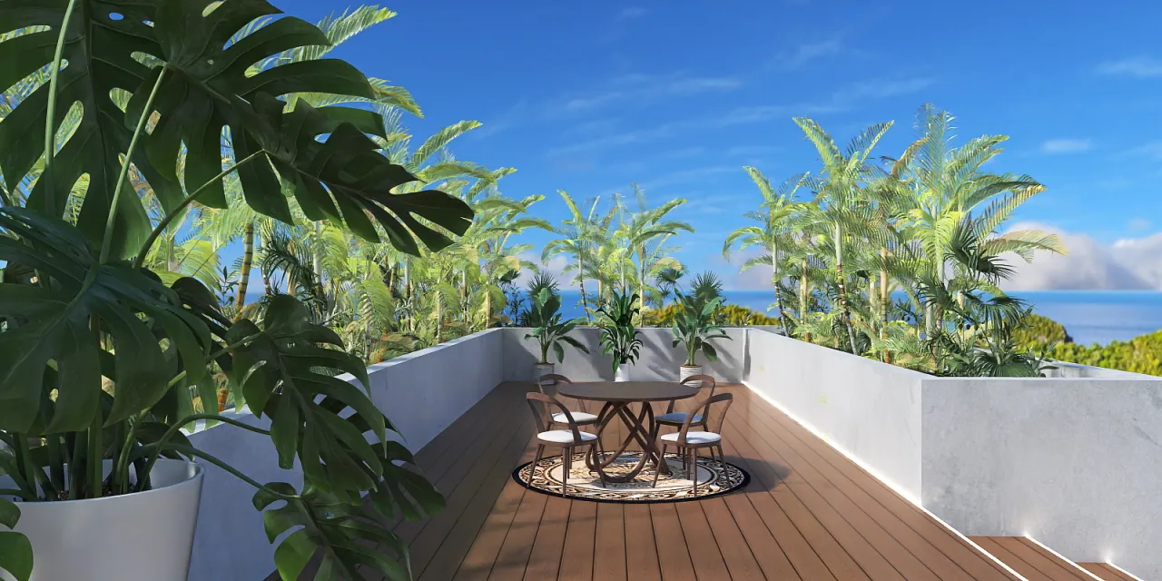 a patio with a table and chairs and a balcony 