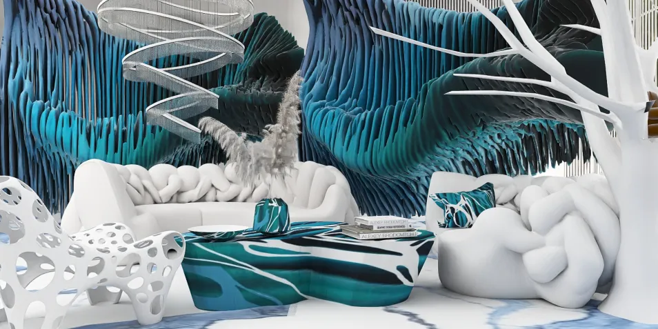 futuristic living room with unique furniture arrangement featuring organic shapes and bold colors, showcasing interior design using Homestyler's real-time 3D rendering feature.