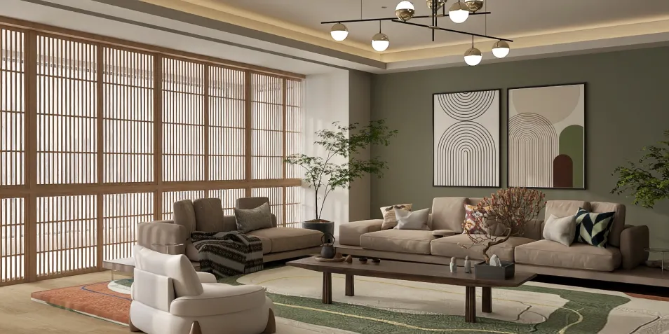 A cozy living room featuring modern sofas and a coffee table, designed with a minimalist style for interior decoration; showcasing Homestyler's real-time 3D rendering capabilities.