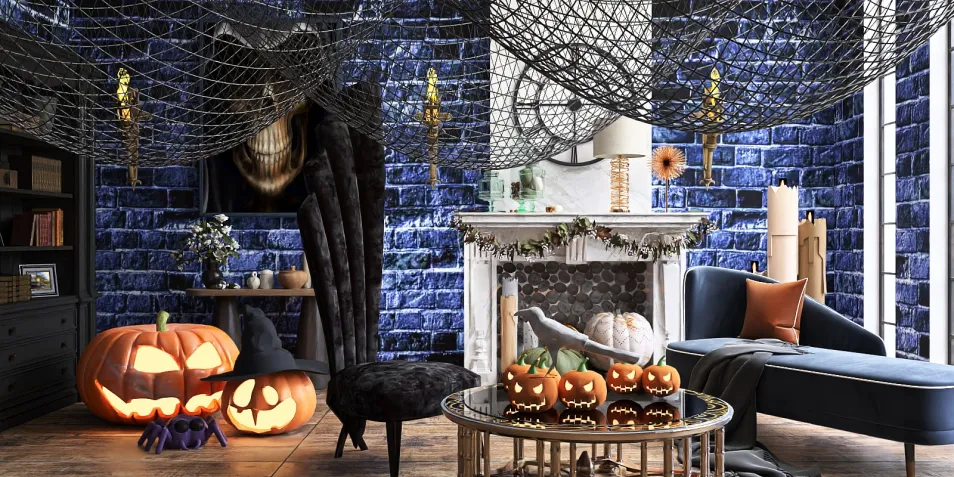 Halloween-themed living room featuring carved pumpkins, spider webs, and dark blue brick walls, showcasing a seasonal decor style that enhances interior ambiance; utilizing Homestyler's real-time 3D rendering for an immersive design preview.