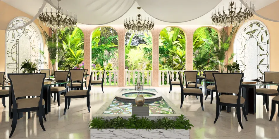 dining room with elegant furniture arranging in a modern style featuring a garden view, showcasing interior decor with Homestyler's real-time 3D rendering feature