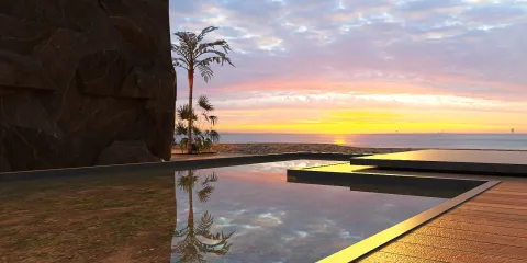 outdoor pool with sunset view featuring relaxing ambiance and modern style, showcasing Homestyler's real-time 3D rendering for interior design visualization.