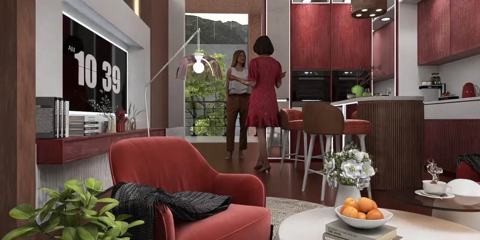 modern living room interior design featuring two people discussing in a stylish environment, utilizing Homestyler's real-time 3D rendering for instant design visualization.