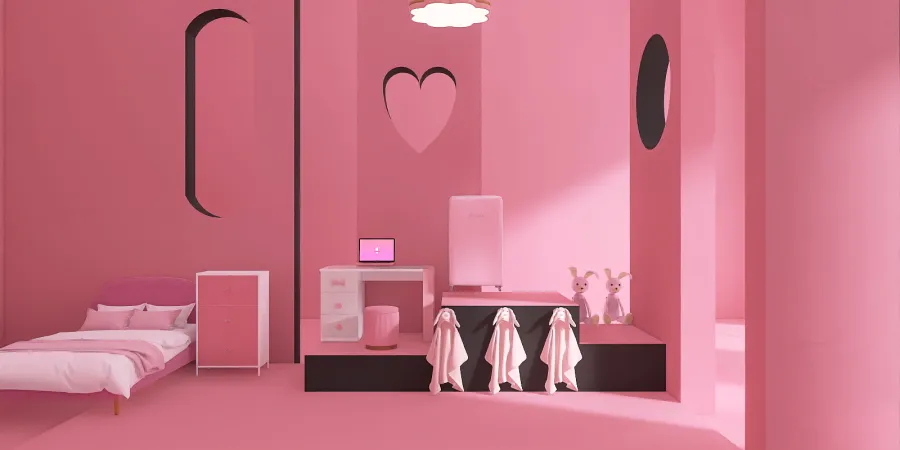a pink and white room with a pink and white bed and a pink and white dresser 