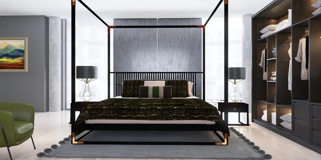 a bed with a white bedspread and a black chair 