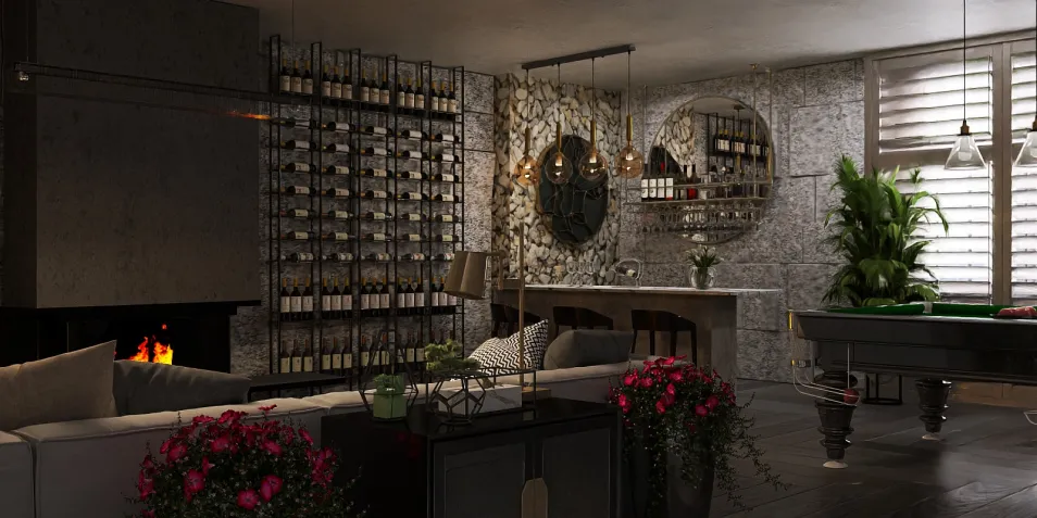 Living room interior with wine rack design featuring modern furniture and rustic accents, showcasing a cozy atmosphere with integrated Homestyler's real-time 3D rendering feature for quick design previews.