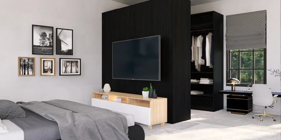 a living room with a television and a bed 