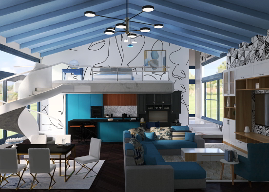 Blue and white living space Design Rendering