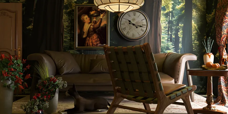 a cozy living room featuring a brown leather sofa and a vintage wooden chair adorned with a woven design, complemented by forest-themed wallpaper and a decorative wall clock, showcasing interior decor with a natural touch; utilizing Homestyler's real-time 3D rendering for an immersive design experience.