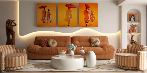 modern sofa arrangement with artistic wall art featuring vibrant colors in a contemporary living room design, showcasing Homestyler's real-time 3D rendering feature for effective interior decor planning.