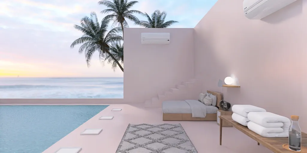 a hotel room with a beach view 