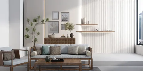 modern living room furniture arrangement with a neutral color palette showcasing minimalistic design elements for enhancing interior decor using Homestyler's smart furniture layout feature.