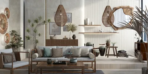 modern living room interior design featuring a natural style with rattan pendant lights and earthy tones, showcasing homestyler's real-time 3D rendering for design proposals.