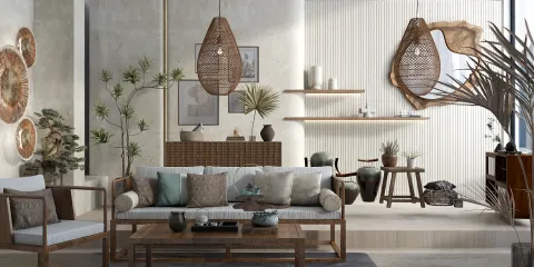 Stylish living room featuring a cozy sofa and wooden coffee table, designed using modern interior decor principles, showcasing the immersive 3D rendering feature of Homestyler that allows for realistic design previews.