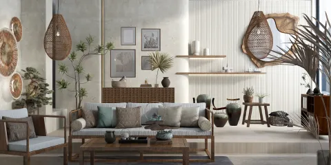 A cozy living room featuring contemporary furniture arrangement with a neutral color palette, showcasing an elegant combination of natural materials and decorative plants, ideal for creating a warm atmosphere, utilizing Homestyler's real-time 3D rendering feature for an immersive design preview.