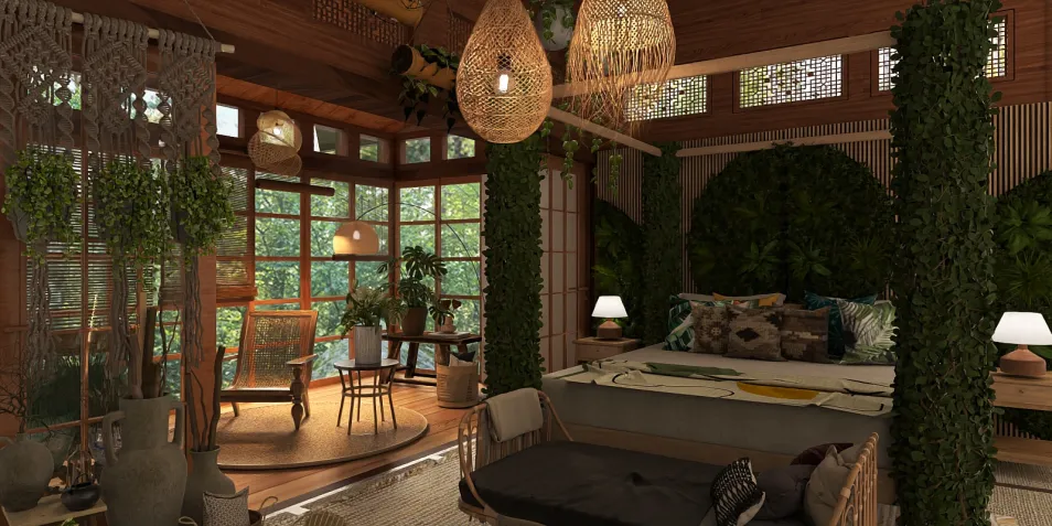 cozy bedroom with plant decorations optimizing space in a modern style featuring realistic 3D rendering in Homestyler