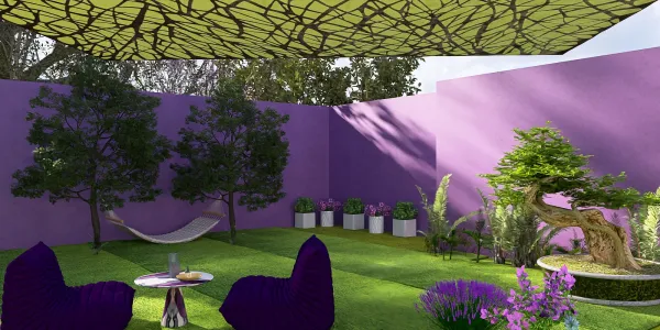 vibrant outdoor garden design featuring purple walls and trees with a hammock, styled with modern furniture and lush greenery, using Homestyler's real-time 3D rendering for a stunning visual preview.