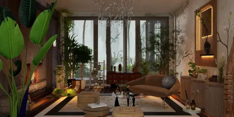 lush indoor plants enhancing a modern living room design with a cozy seating arrangement in a contemporary style, showcasing Homestyler's real-time 3D rendering feature for a quick design proposal.