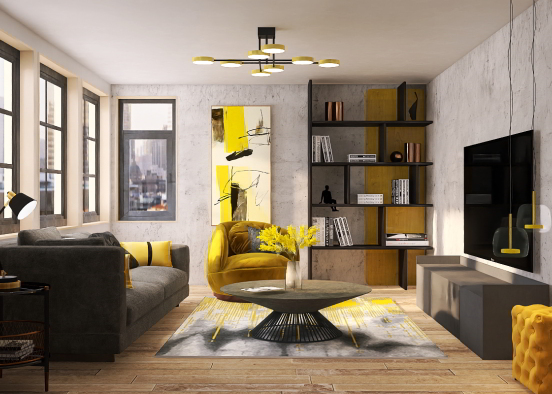 Living room with Yellow elements Design Rendering
