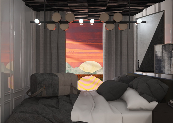 Black&White Sunset Small Bedroom Design Rendering