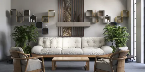 cozy living room featuring a modern sofa arrangement with plant decorations and stylish wall shelves in a contemporary style; interior design showcasing Homestyler's real-time 3D rendering feature.