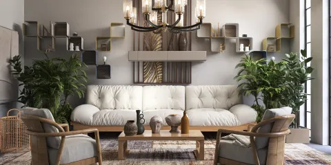 modern sofa arrangement with decorative plants and artistic wall shelves in a contemporary living room, featuring interior decor elements optimized with Homestyler's real-time 3D rendering feature