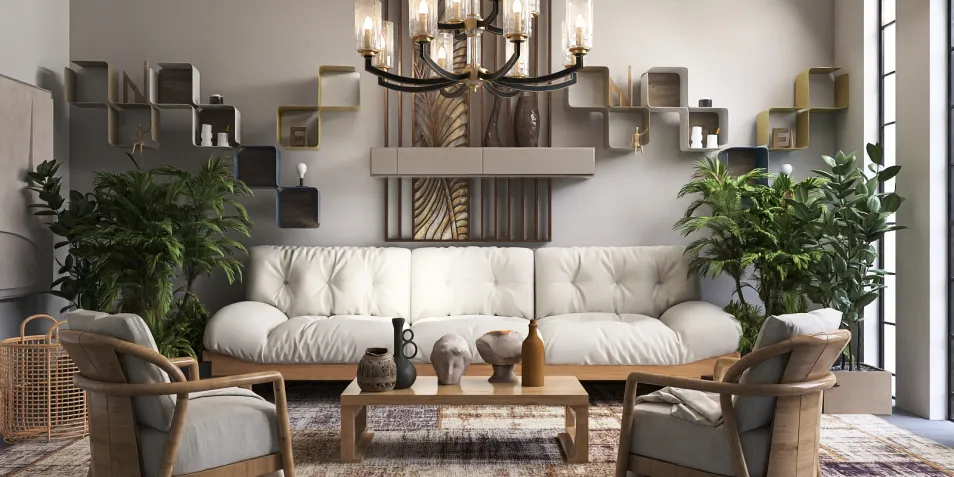 modern sofa arrangement with decorative plants and artistic wall shelves in a contemporary living room, featuring interior decor elements optimized with Homestyler's real-time 3D rendering feature