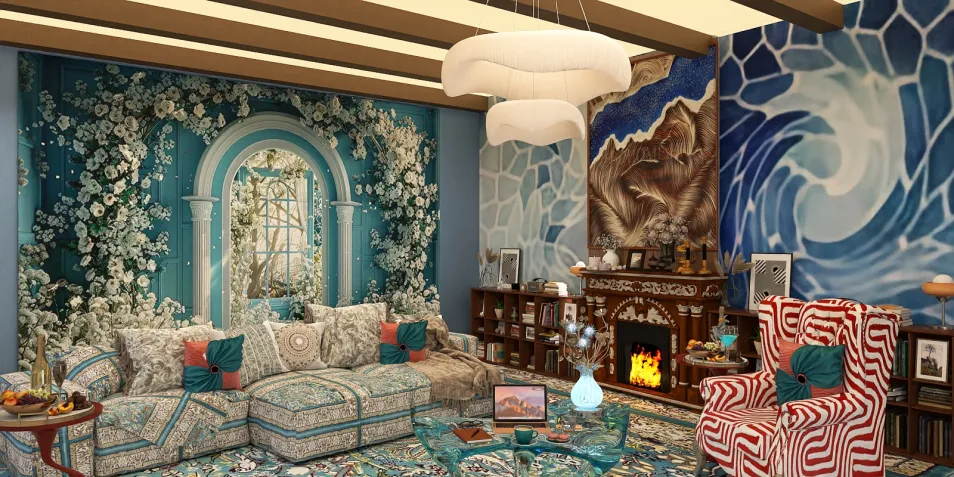 living room with floral wallpaper and ocean wave mural showcasing a cozy arrangement of patterned furniture in a modern eclectic style using Homestyler's real-time 3D rendering feature