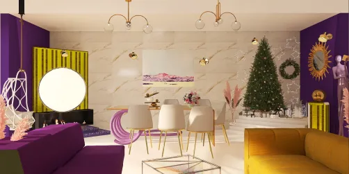 Purple&gold living room with fireplace 