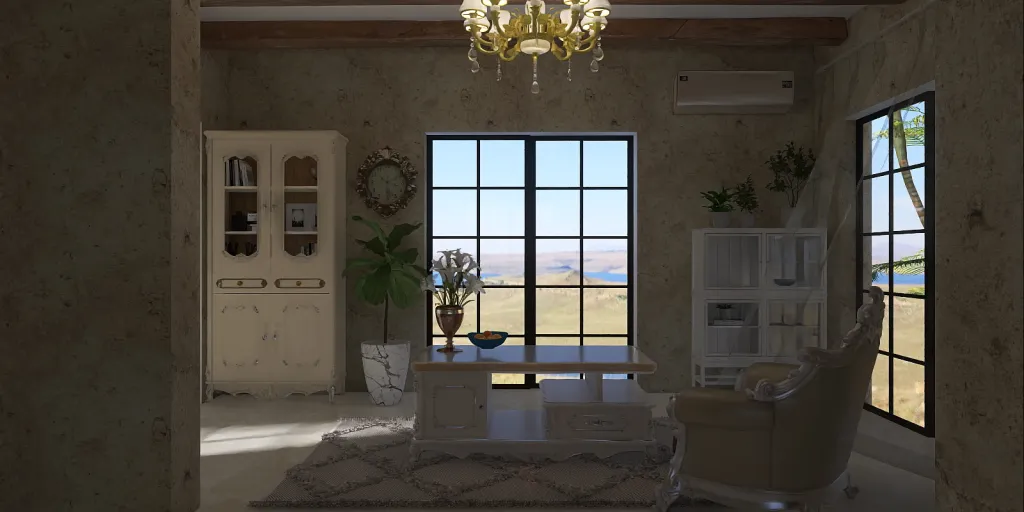 a room with a table and a window 