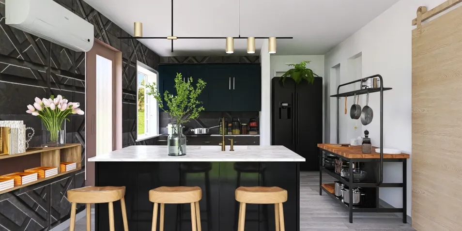 modern kitchen space featuring a central island with seating, showcasing a contemporary design style with dark cabinetry and a stylish backsplash, highlighting Homestyler's real-time 3D rendering capability for effective design visualization.