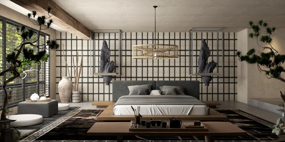 a modern bedroom featuring a minimalist bed design with natural elements, emphasizing a tranquil aesthetic in the space, utilizing Homestyler's real-time 3D rendering for an immersive interior decor experience
