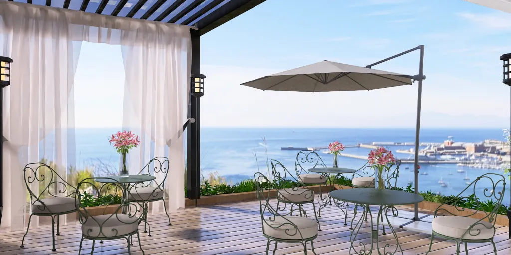 a patio table with a balcony overlooking a beach 