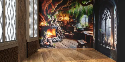 cozy fantasy interior with a magical tree design featuring a warm fireplace and potion shelves, showcasing a whimsical decor style that transforms the space into an enchanting atmosphere, enhanced by Homestyler's real-time 3D rendering.