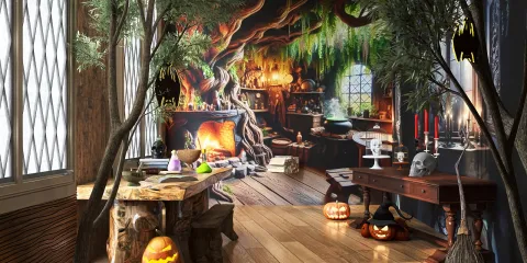 Halloween-themed interior design featuring a mystical workshop with a mural of a forest and potion-making tools, utilizing Homestyler's real-time 3D rendering for an immersive preview.