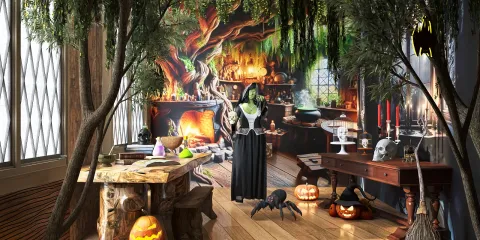 a spooky interior design featuring a witch's workshop with mystical elements like potions and eerie decorations, created using Homestyler's real-time 3D rendering feature to visualize the space effectively.