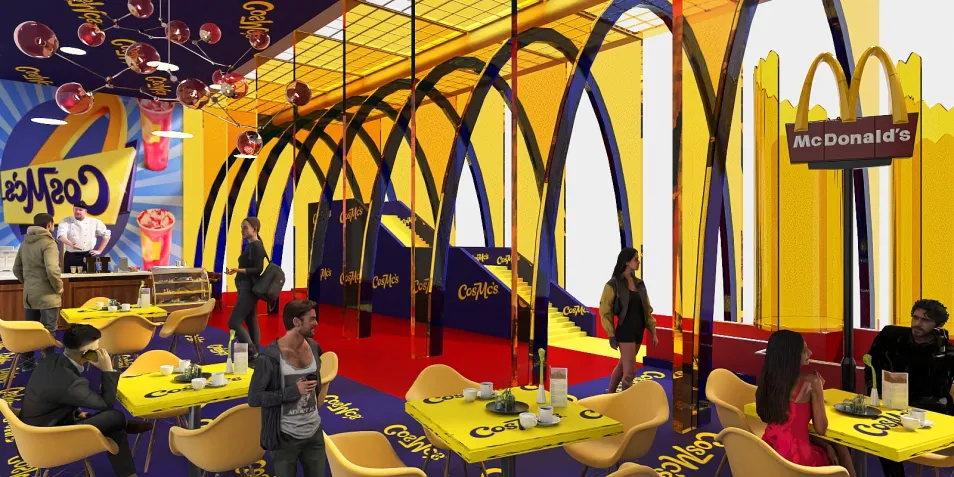 Colorful restaurant interior with unique arch designs and playful furniture, featuring a fast-food counter, designed for a vibrant dining experience using Homestyler's real-time 3D rendering.