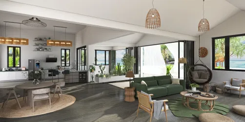 Tropical open living and kitchen 