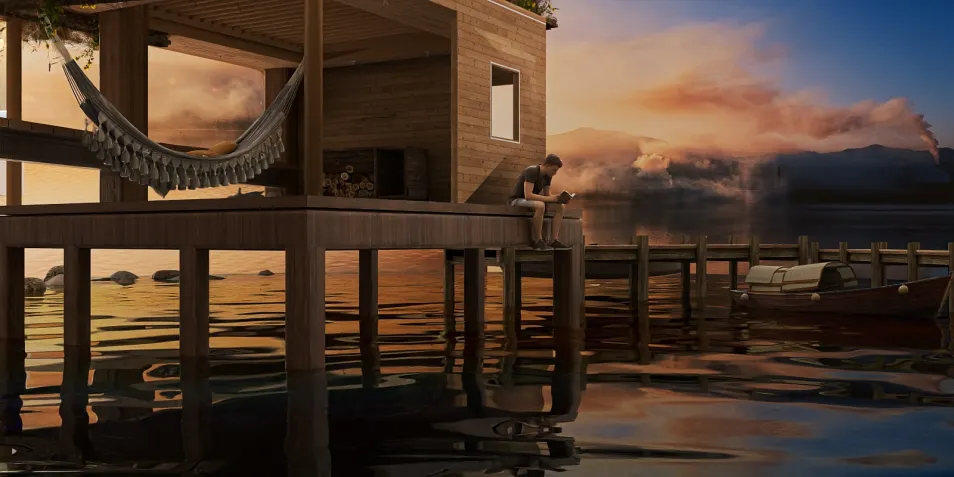 wooden house by the water with a hammock and a person relaxing during sunset in a serene style, featuring a 3D rendering design using Homestyler's advanced visualization capabilities.